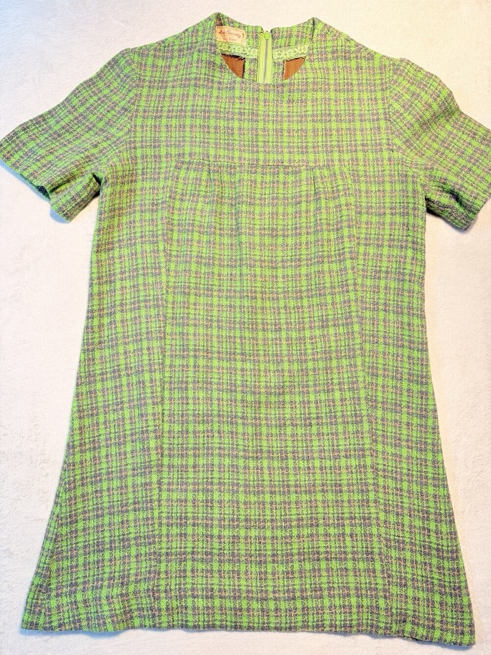 VTG 60s Mod Lime Green Boucle Tweed Plaid Mini Shift Dress Retro Twiggy Sz Sm
